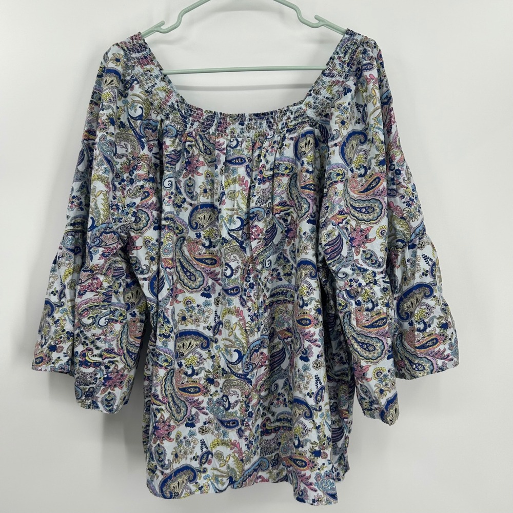 Erika Womens XL Paisley Smocked Square Neck Tiered Bell Sleeve Boho Blouse Blue